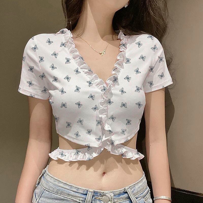 Áo Croptop Bèo Cột Dây Bướm Hoa nhí Xanh siêu xinh