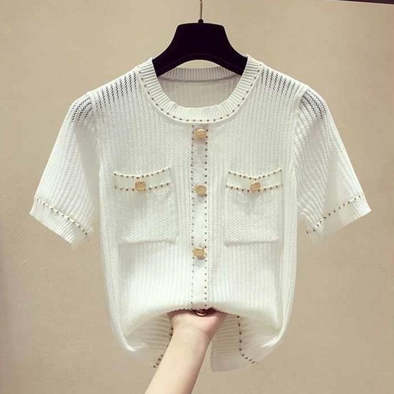 Áo dệt kim SUXI tay ngắn màu trơn phong cách cổ điển dành cho nữ