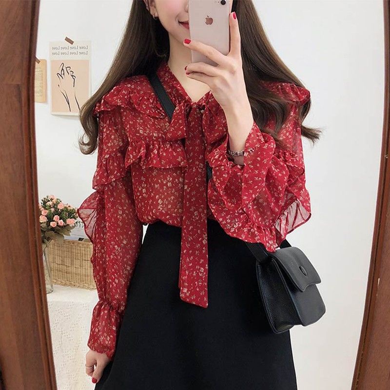 Áo Sơ Mi Chiffon Tay Dài In Hoa Nhỏ Thời Trang Dành Cho Nữ