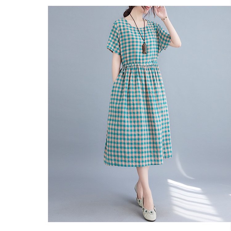 Váy đầm ulzzang suông vintage caro cổ tròn ngắn tay, dây eo tự chỉnh