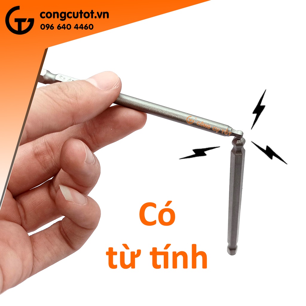 Vỉ 5 đầu bắt vít lục giác bi chuôi lục thép S2 Φ2.5 - Φ6.0 dài 100 mm