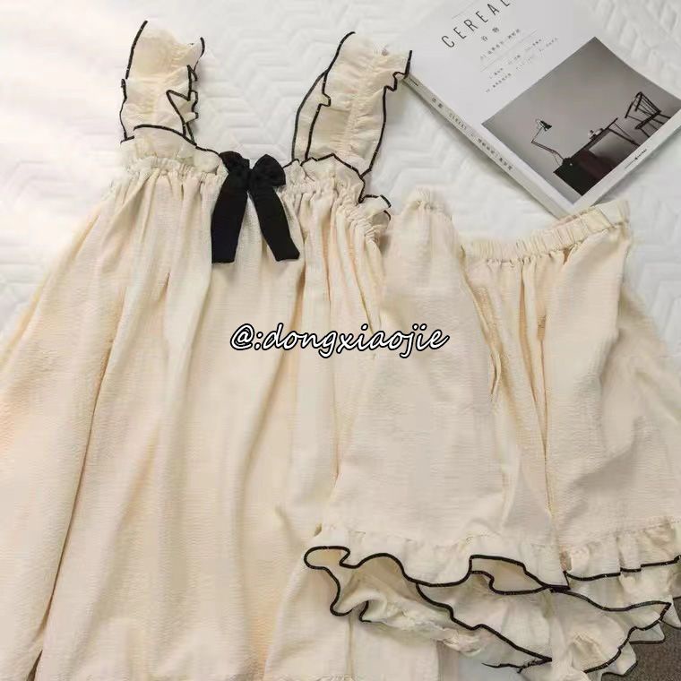 2022 new summer pajamas women's Japanese sexy ins style solid color suspenders sweet bow thin household clothes