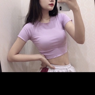Áo crop cộc tay viền bèo tím