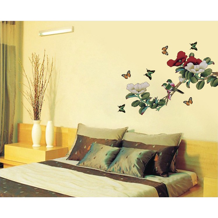 Decal trang trí tường Cành Hoa Hồng Đỏ Trắng Cổ Điển