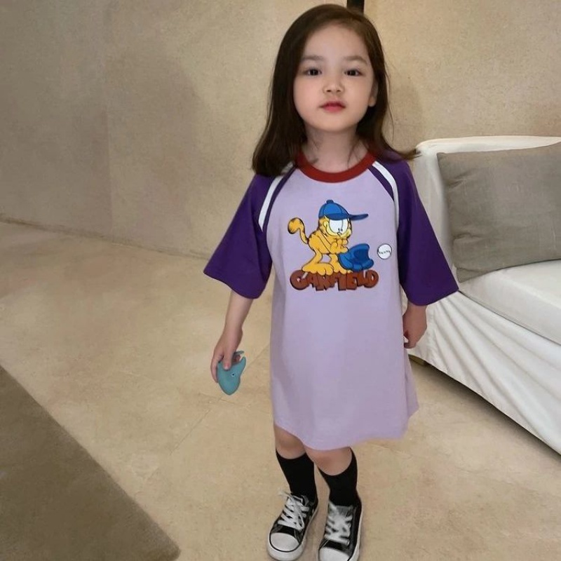 Đầm Thun Cổ Tròn Dáng Rộng In Họa Tiết Hoạt Hình Phối Màu Thời Trang Hàn Quốc Cho Bé Gái