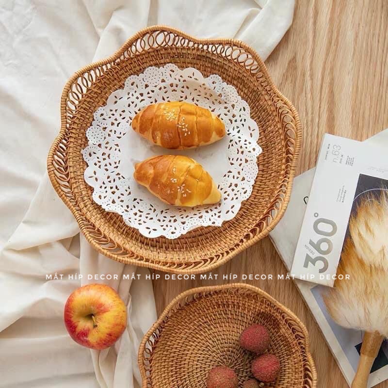 Hàng xuất Nhật-Khay mây Vintage hình hoa sen bộ 2 cái dùng để đựng bánh, đồ ăn, hoa quả, bánh kẹo, đồ decor