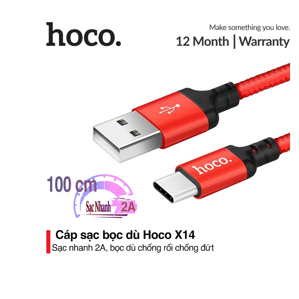 Cáp sạc nhanh truyền dữ liệu Type-C Hoco X14 sạc nhanh 2A Max dây bọc dù