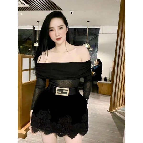 Chân váy nhung pha ren có quần trong kèm bet