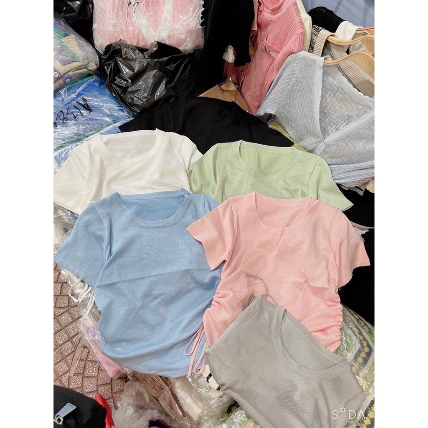 Áo thun gân nữ cổ tròn tay Ngắn rút dây 2 bên ôm body croptop đơn giản, dễ thương MC120