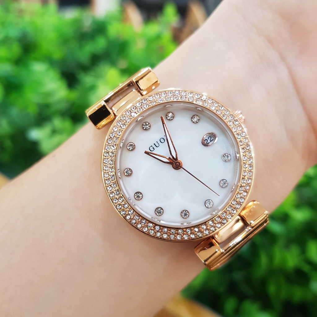 Đồng hồ nữ đeo tay Guou dây da mặt viền đá chính hãng