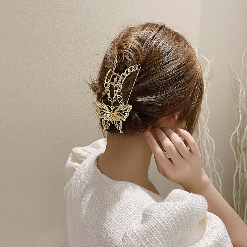 1 Elegance Temperament Women Hair Clip Metal Hollow Hair Claw Butterfly Pendant Kẹp Tóc Thời Trang Vintage