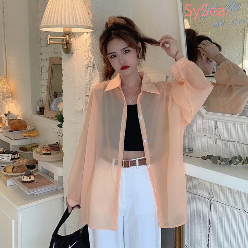 Áo Sơ Mi Tay Dài Chất Chiffon Thiết Kế Dáng Rộng Che Khuyết Điểm