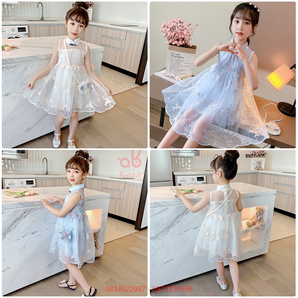 V01 Váy đầm công chúa thêu họa tiết xinh xắn cho bé