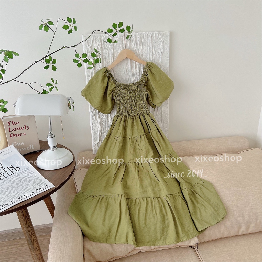 Váy maxi tay bồng dáng dài xoè, đầm xanh cốm vintage xixeoshop - v145