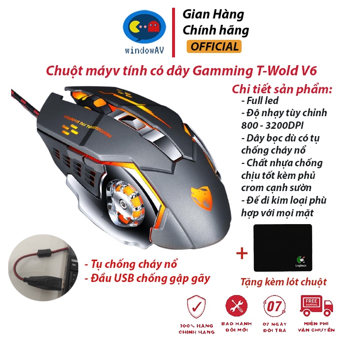 Chuột game T-Wolf V6 PRO Full Led, Chuột máy tính có dây gamming siêu nhạy 800 - 3200DPI, Đế di kim loại- BH 24 tháng