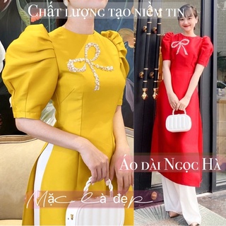 Áo dài nữ vai bồng đính hạt thủ công