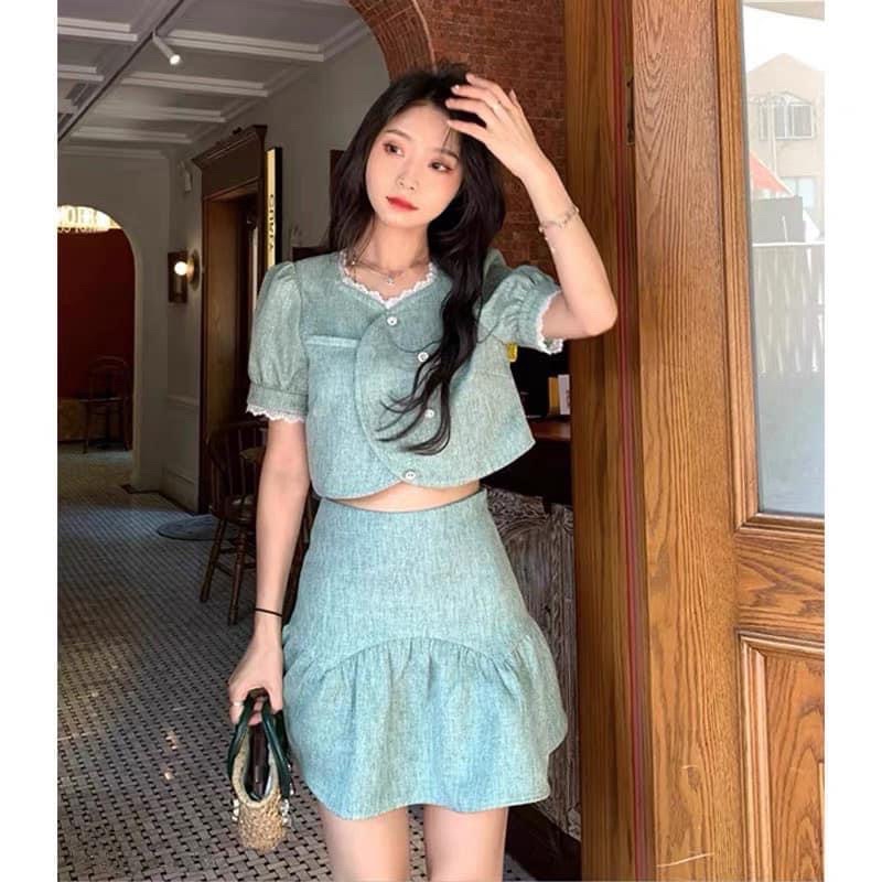 SET CROP DẠ BẦU VIỀN REN + CHÂN VÁY ĐUÔI CÁ XOÈ MINT