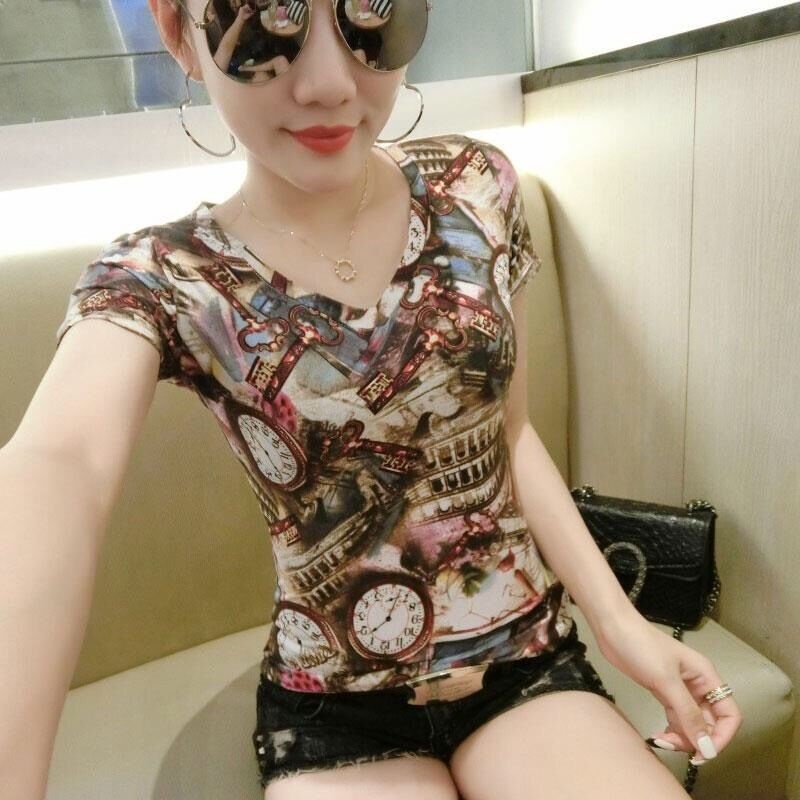 Áo thun tay ngắn cổ chữ V dáng rộng thời trang mùa hè đơn giản cho nữ