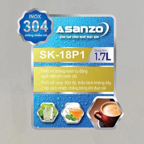 Ấm Đun Siêu Tốc 2 lớp cao cấp Asanzo SK-18P1 - 1.7L Trắng