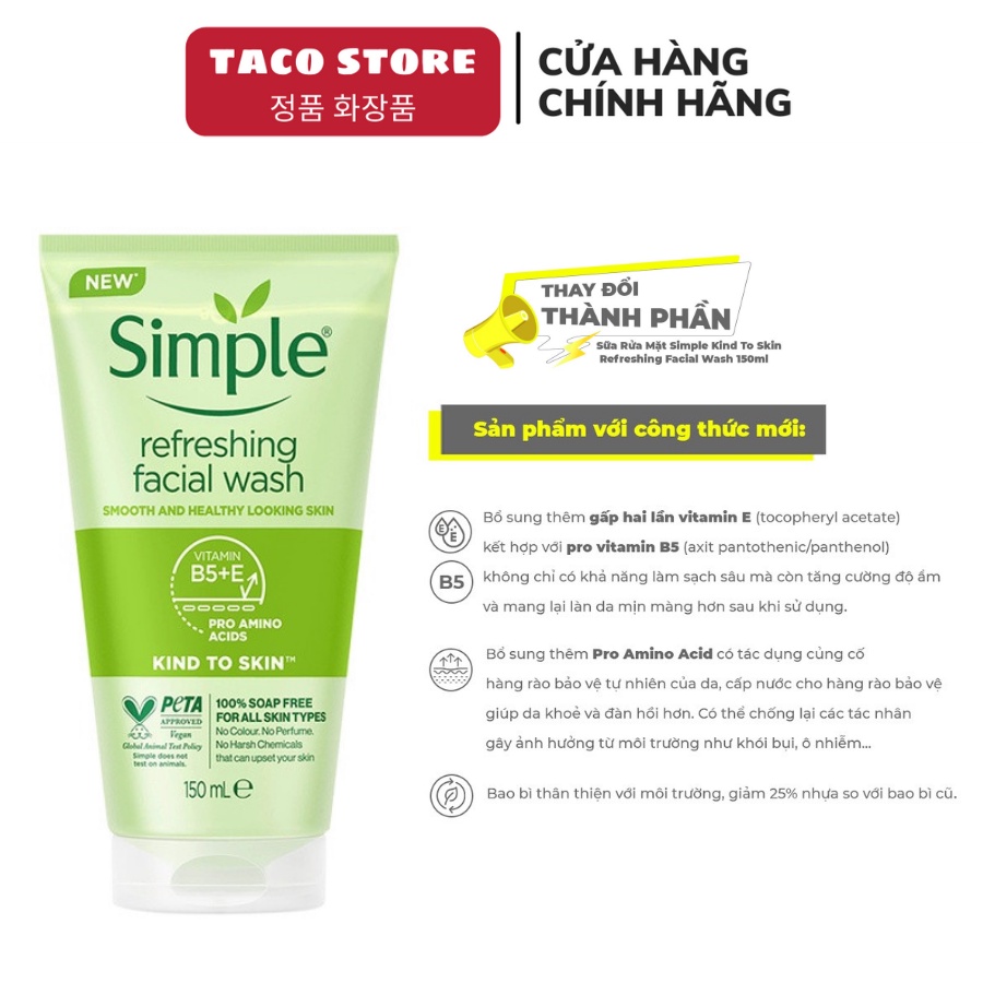 Sữa Rửa Mặt Simple Kind To Skin Refreshing Facial Wash