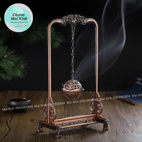 Bộ Khung Lư Treo Tròn Đồng Đúc Hoa Văn xông, đốt nụ Trầm - Lư Xông Hương Kèm Lót Bông Chống Cháy