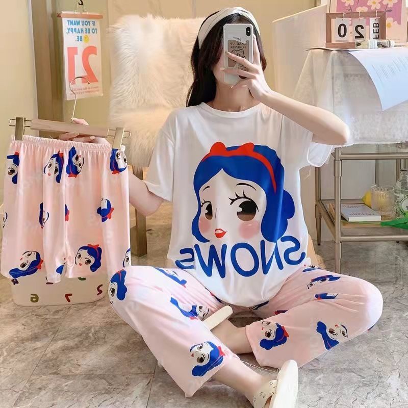 Bộ Đồ Ngủ Ba Món Áo Tay Ngắn Phối Quần Short Họa Tiết Hoạt Hình Dễ Thương Thời Trang Mùa Hè Cho Bạn Gái