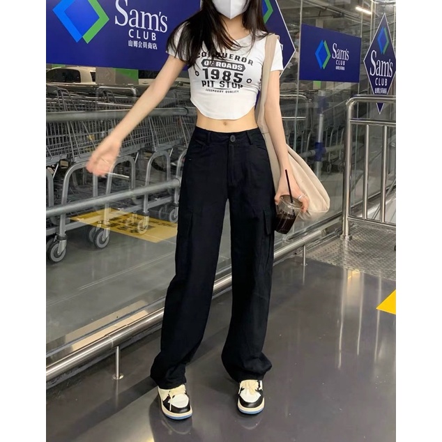 Quần jean nữ ống rộng lưng cao, quần xuông nữ túi 1 bên  mẫu mới hot trend