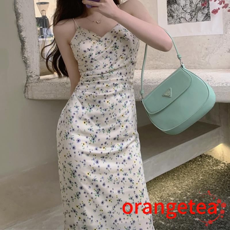 ORT-Female Dress, Floral Print V-Neck Sleeveless Spaghetti Strap Ruched One-Piece Summer Outfit, S/M/L