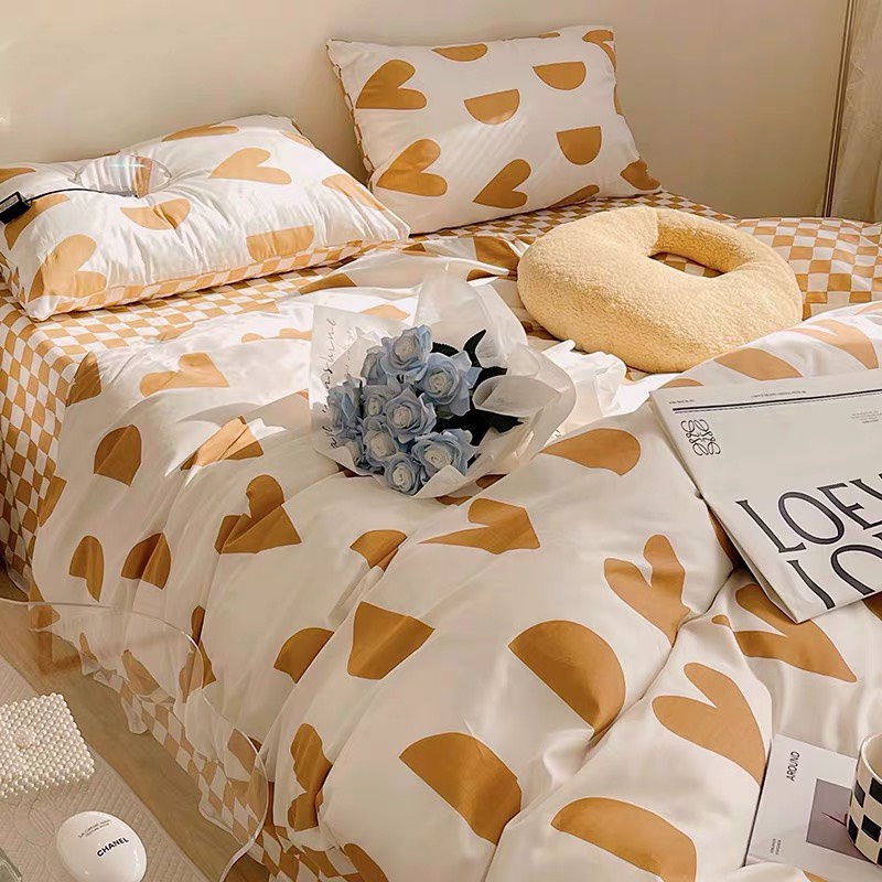 Bộ chăn ga gối cotton poly Lidaco decor phòng ngủ vintage - Tim khuyết vàng (SP001465)