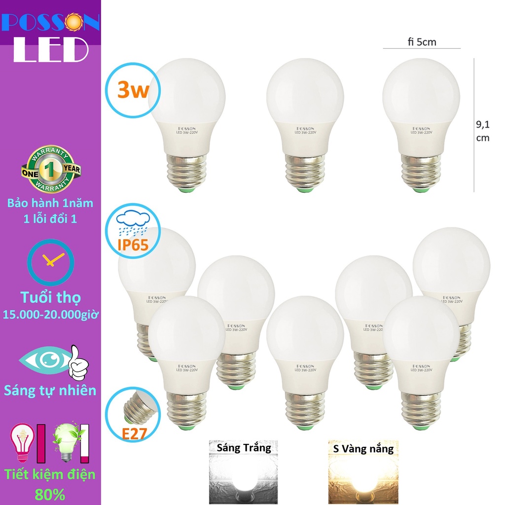 10 Bóng đèn Led 3w bup tròn A50 tiết kiệm điện kín chống nước Posson SG LB-3x