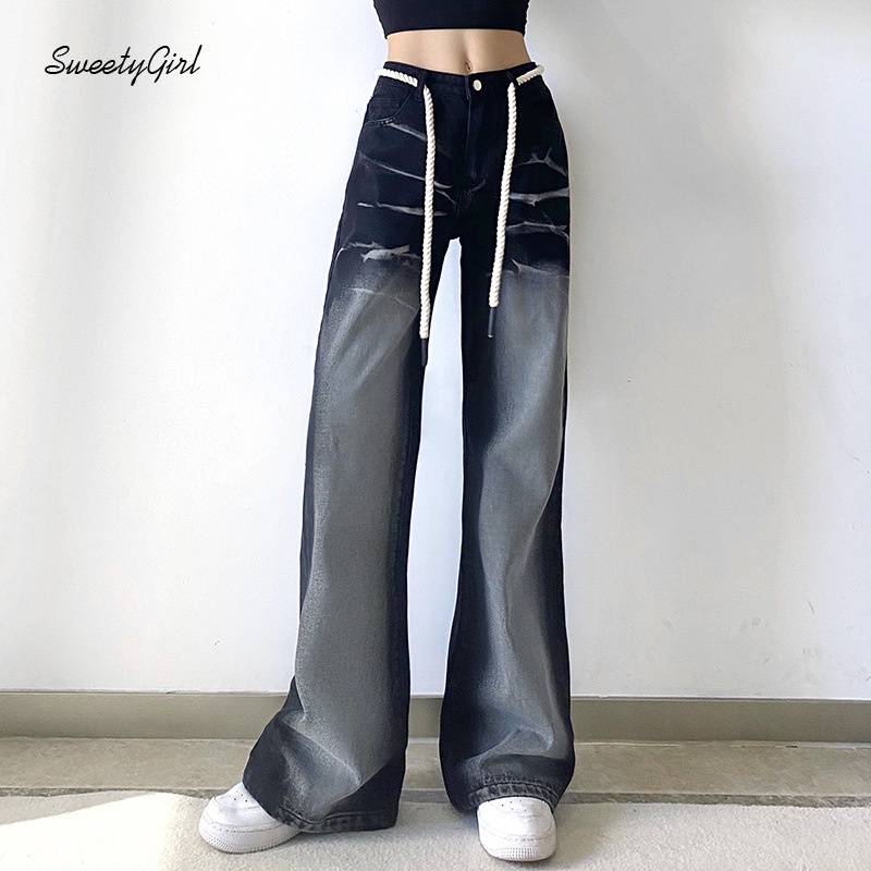 Quần Jeans Dài Ống Rộng Lưng Cao Phối Dây Rút Thời Trang Cho Nữ