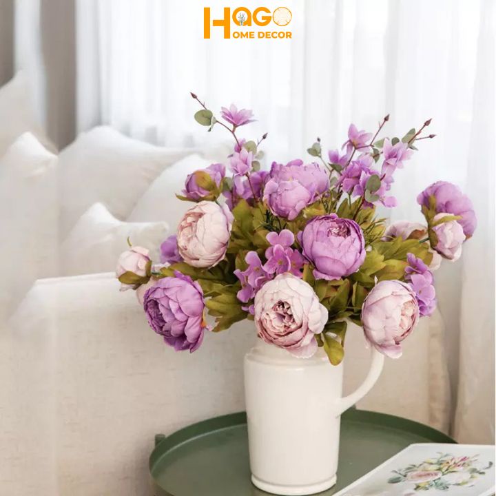 Hoa lụa, cành 8 bông mẫu đơn Peony châu Âu cao cấp 8cm