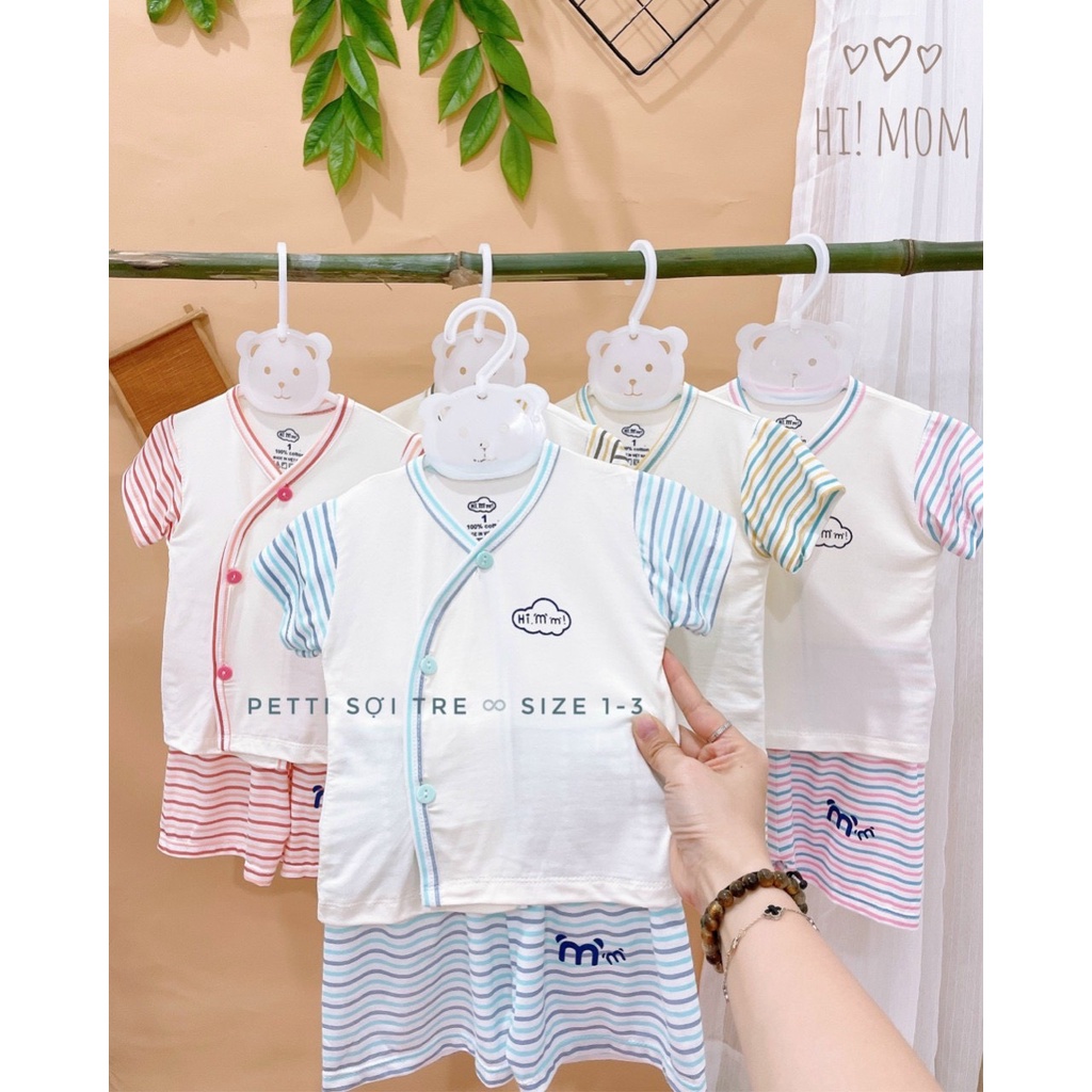 Đồ bộ cộc tay thun lạnh Hi mom cài lệch phối áo trắng tay kẻ quần kẻ cho các bạn nhỏ 3-8kg