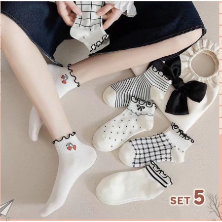 Tất cổ ngắn nữ chất liệu cotton co giãn bốn chiều, set tất vớ phong cách công chúa đáng yêu