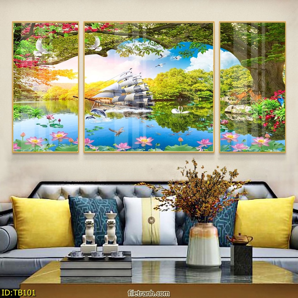 Bộ 3 tranh tráng gương thuận buồm xuôi gió đẹp kích thước 80x160 treo phòng khách.