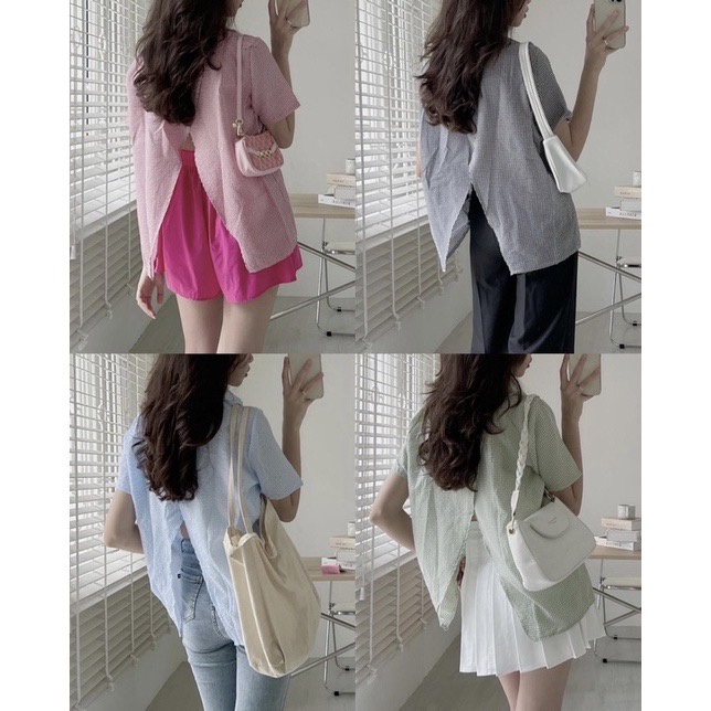 [Ảnh thật/Sẵn]Áo Sơmi kẻ chất xốp XẺ LƯNG cộc tay