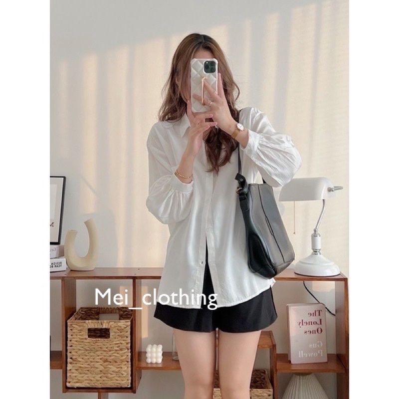 Áo sơmi trơn Hàn Quốc dáng rộng tay bồng basic