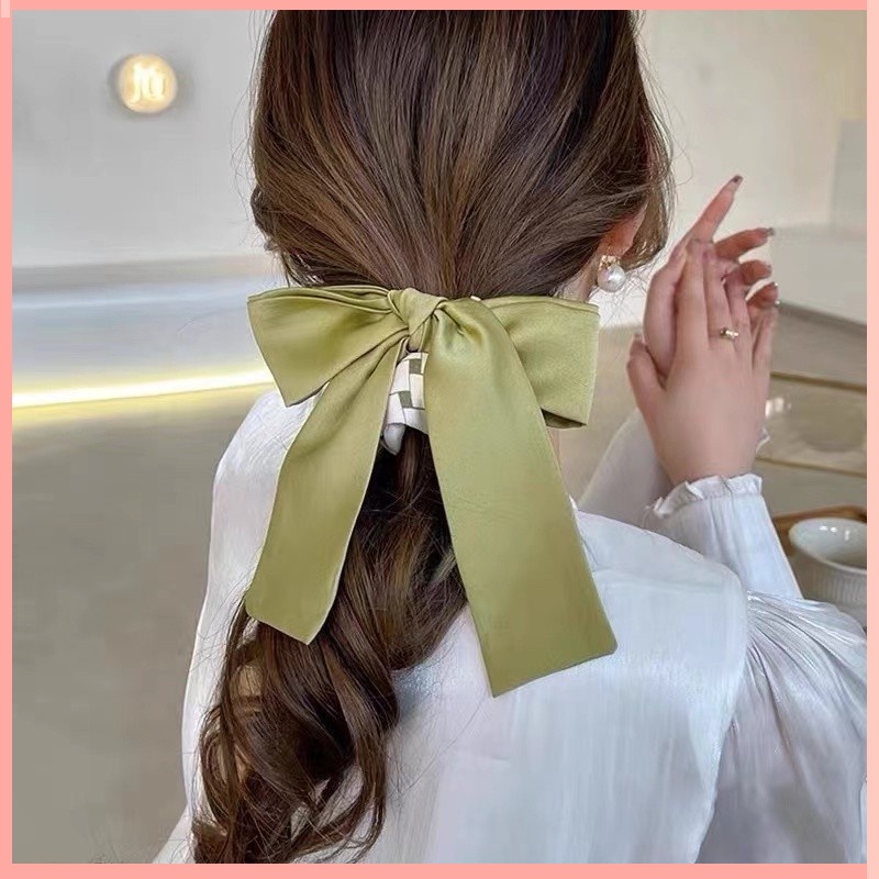 Dây Buộc Tóc Hình Nơ Đính Ngọc Trai Màu Matcha Phong Cách Pháp Thời Trang Xuân Hè