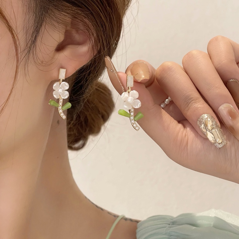 Bông Tai Mạ Bạc 925 Hình Hoa tulip Đính Ngọc Trai Ngọt Ngào Cho Nữ