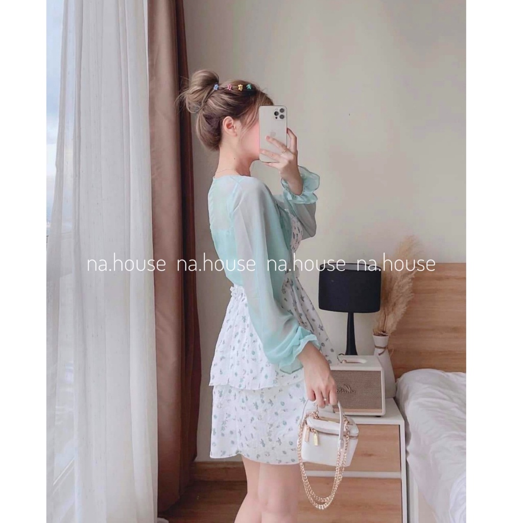 SET ĐẦM HOA TẦNG HAI DÂY KÈM KHOÁC NAHOUSE SET HAI CHI TIẾT ĐI CHƠI DẠO PHỐ THIẾT KẾ XINH XẮN HAI MÀU XANH VÀNG