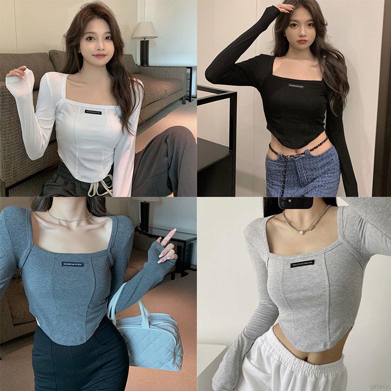Áo thun lửng tay dài cổ vuông dáng ôm phong cách Hàn Quốc cho nữ