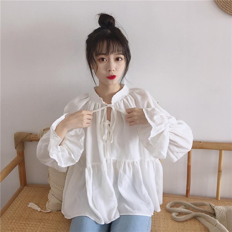 Áo Sơ Mi Cổ Đứng Tay Loe Cột Dây Dáng Rộng Phong Cách Hàn Quốc Thời Trang Mùa Hè Cho Nữ