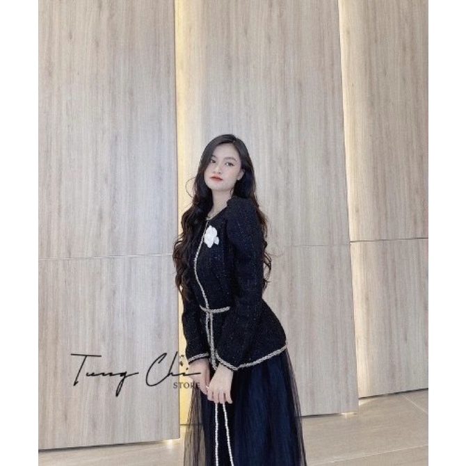 Set 2 món áo dạ hoa trà kèm chân váy tu tu