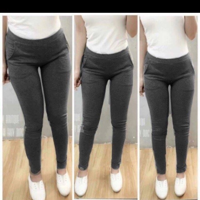 Quần legging nữ có túi màu xám chuột, đen trơn và dây kéo kèm hình thật