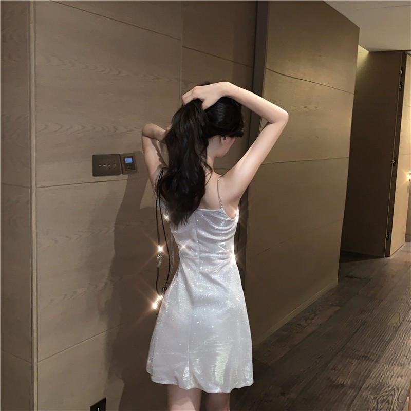 Váy dự tiệc dáng chữ A hai dây kim tuyến màu bạc phong cách ulzzang Hàn Quốc DN011 Xưởng Của Vi