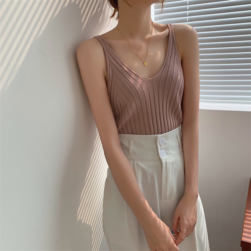 Áo dệt kim SUXI không tay cổ chữ v màu sắc đơn giản thời trang mùa hè dành cho nữ