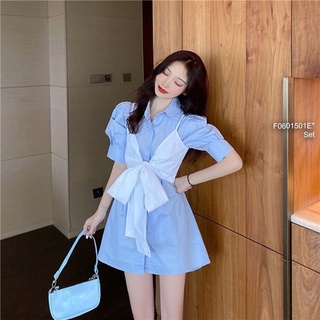Set đầm sơ mi tay ngắn phối áo croptop cột nơ ngực 2 dây!