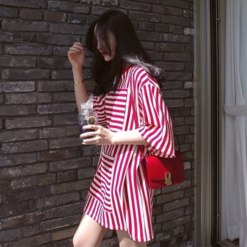 Đầm Thun Dài Dáng Suông Tay Cộc Họa Tiết Kẻ Sọc Có Size Lớn Cho Nữ