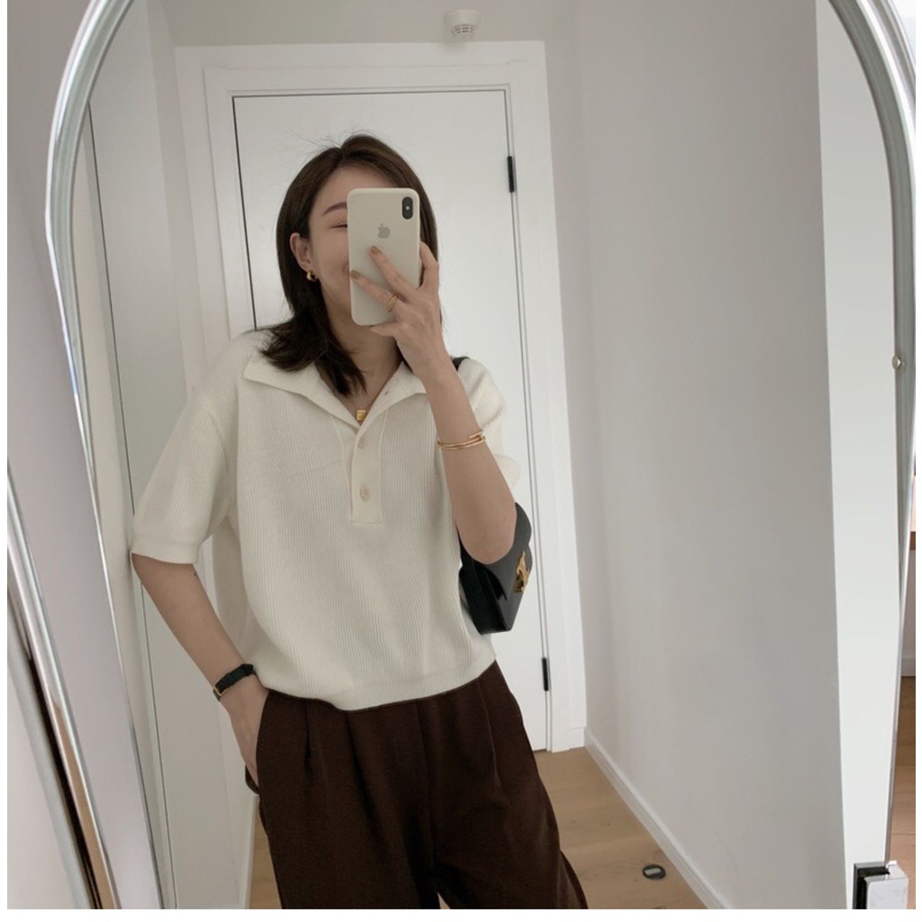 Áo thun ZHELIHANGFEI polo dệt kim lụa lạnh tay ngắn chất liệu mềm mại phong cách Hàn Quốc thời trang hè cho nữ