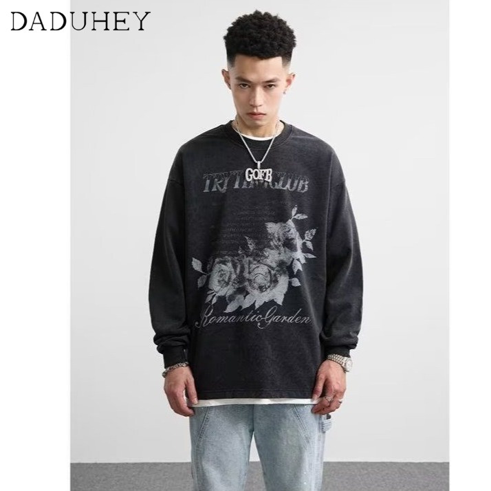 DaDuHey Men's and Women's American-Style Retro Oversize Top Washed Old Floral Long-Sleeved T-shirt